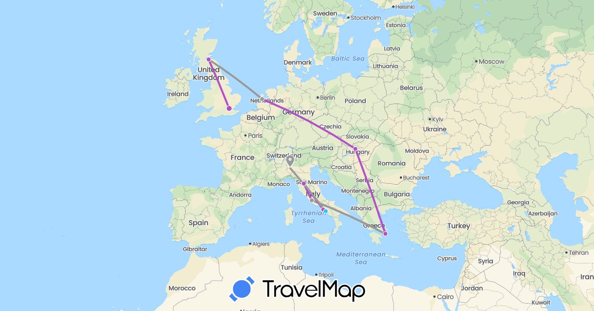 TravelMap itinerary: driving, plane, train, boat in United Kingdom, Greece, Hungary, Italy, Netherlands (Europe)